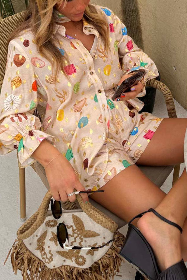 Gold Stamping Unique Printing Lapel Long Sleeve Shirt and Elastic Waist Casual Pocket Shorts Set