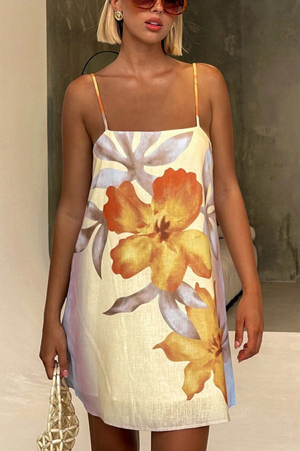 Surprise Linen Blend Floral Print Slip H-line Mini Dress