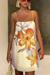 Surprise Linen Blend Floral Print Slip H-line Mini Dress