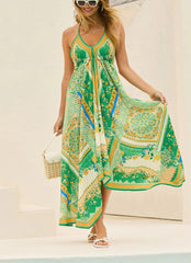 Strapless V-neck Beach Halter Backless Printed Fairy Long Temperament Dresses Swing Dresses