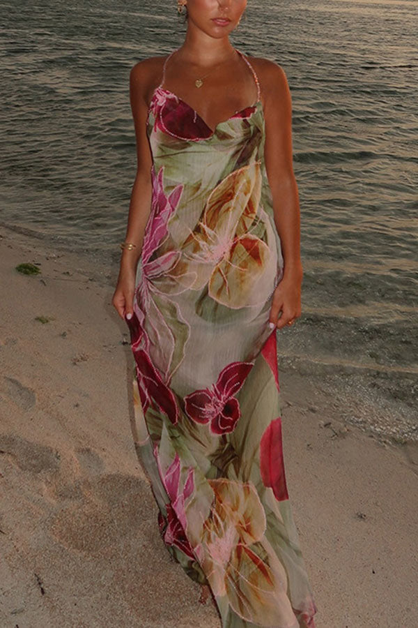 Floral Print Backless Slit See-Through Holiday Maxi Dress