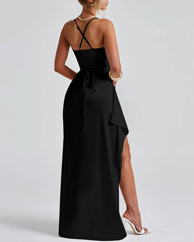 satin back tie, pleated hem, slit high low waist long skirt