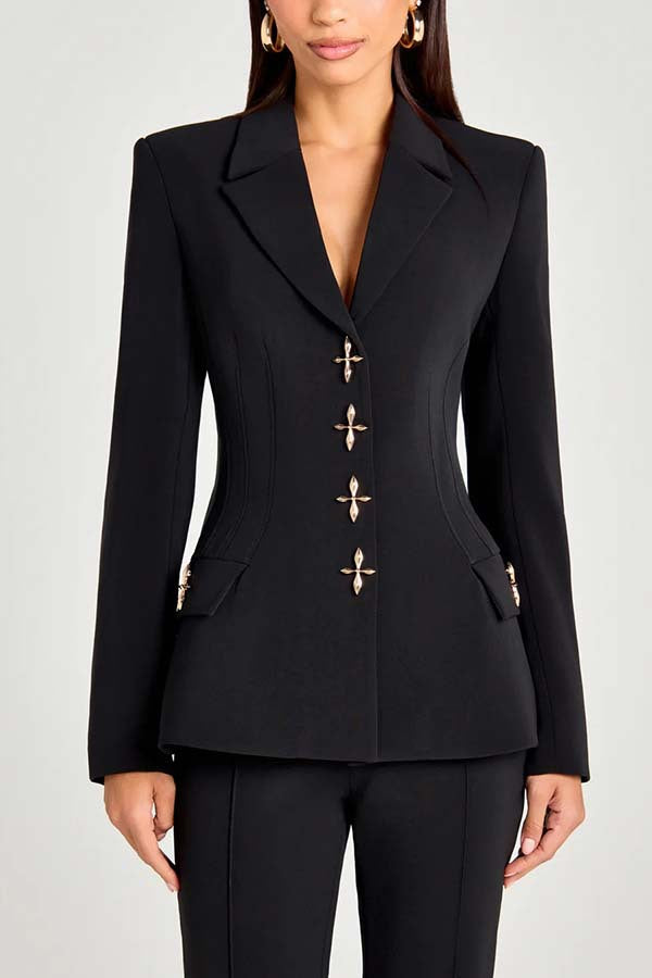 Power Metal Cross Snap Button Long Sleeve Lapel Blazer