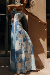 Terazza Ric Rac Linen Trims Unique Print Back Tie-up Slip Flared Linen Maxi Dress