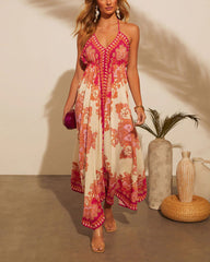 Strapless V-neck Beach Halter Backless Printed Fairy Long Temperament Dresses Swing Dresses