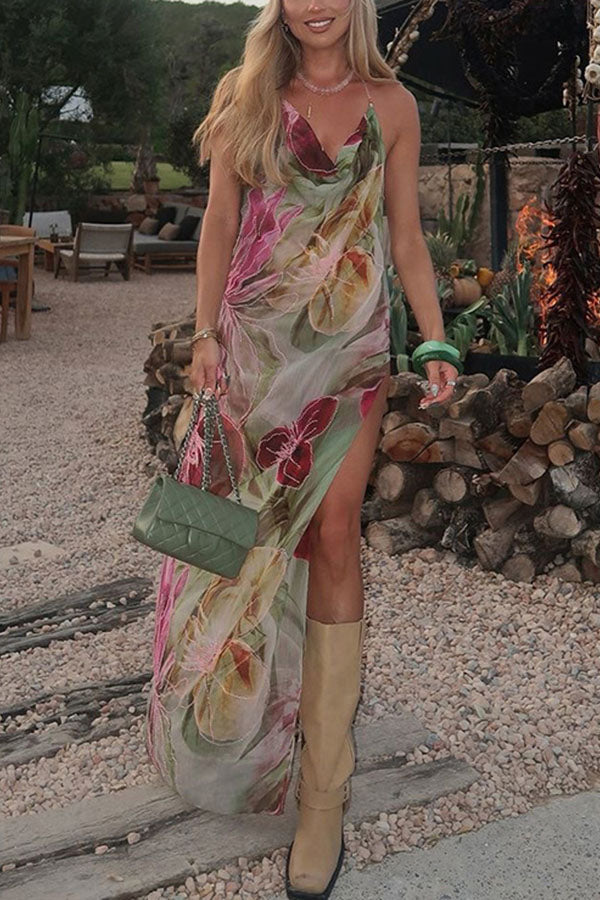 Floral Print Backless Slit See-Through Holiday Maxi Dress
