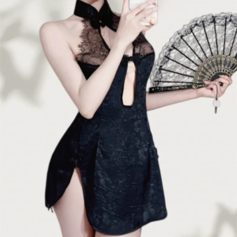 Off-shoulder Backless Temptation Retro Lace Cheongsam Nightgown High Neck Printed Uniform Tempting Side Slit Lingerie