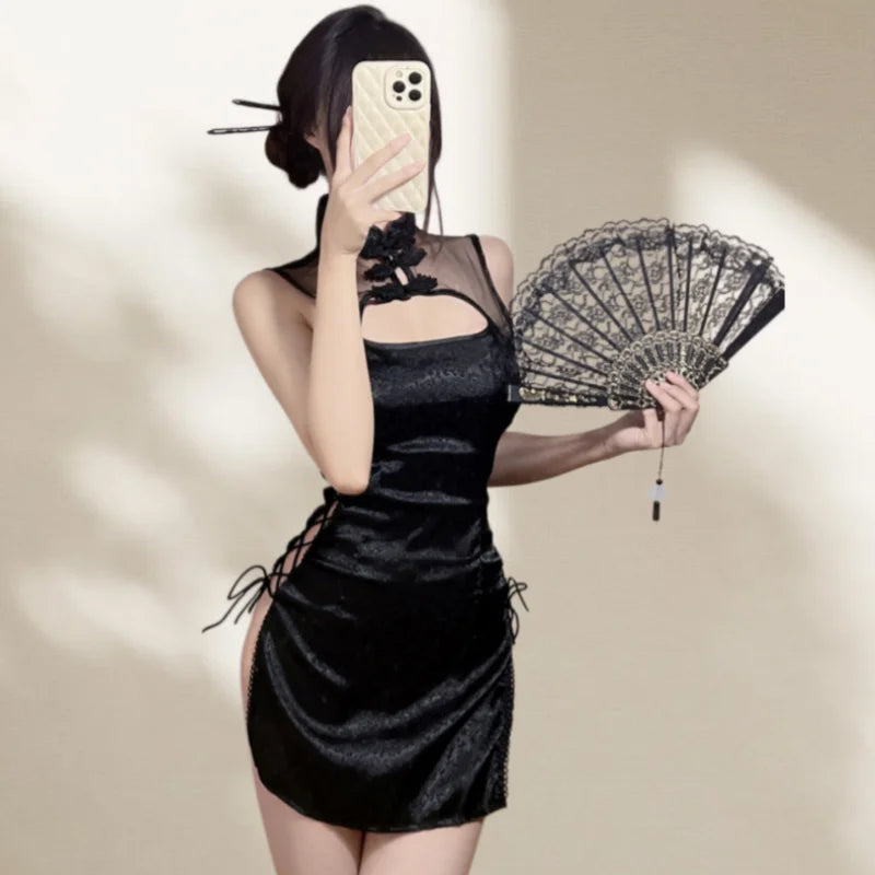 Off-shoulder Slit Cheongsam Retro Style Lingerie Uniform Temptation Perspective Slim Fit Side Opening Strap Passionate Set