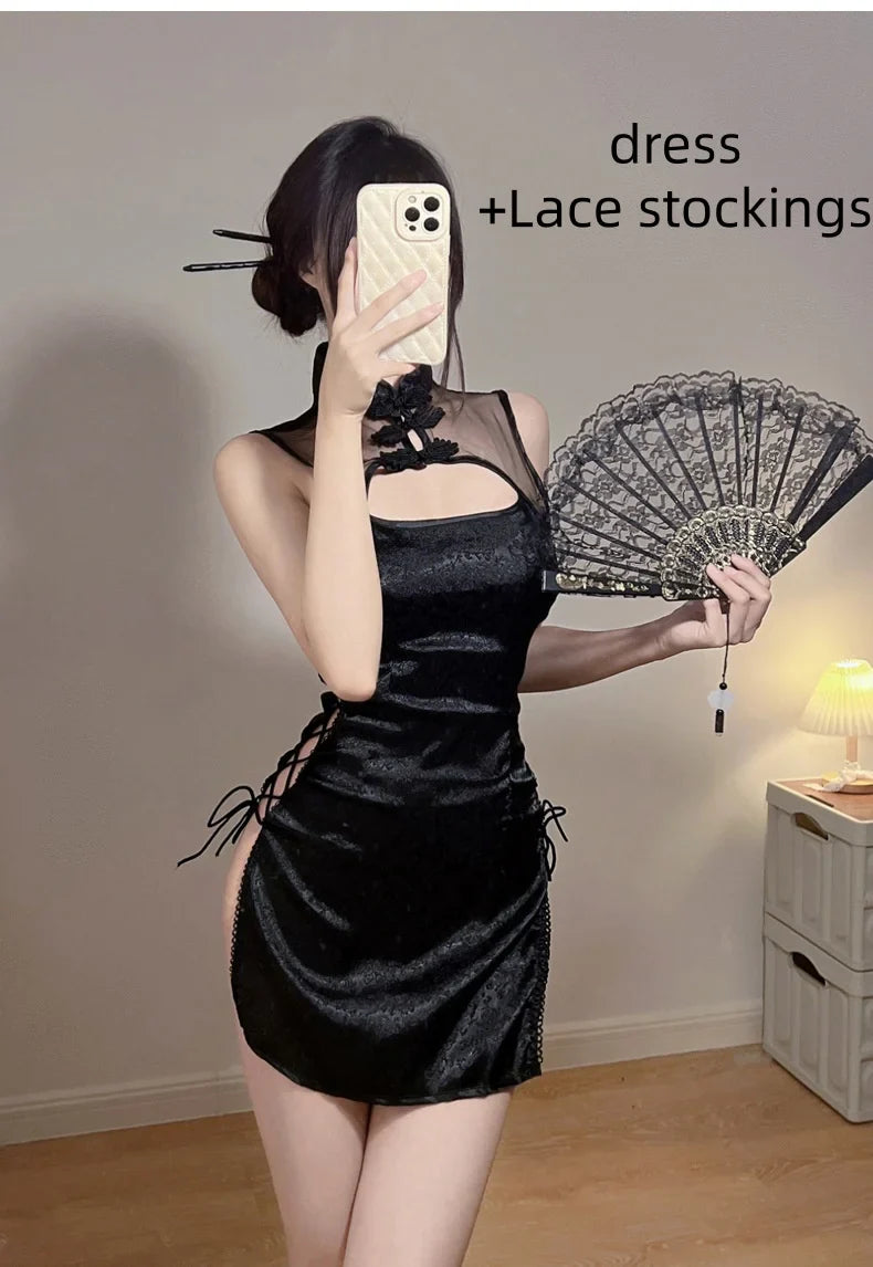 Off-shoulder Slit Cheongsam Retro Style Lingerie Uniform Temptation Perspective Slim Fit Side Opening Strap Passionate Set