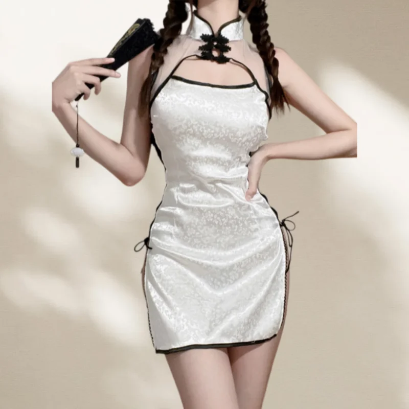 Off-shoulder Slit Cheongsam Retro Style Lingerie Uniform Temptation Perspective Slim Fit Side Opening Strap Passionate Set