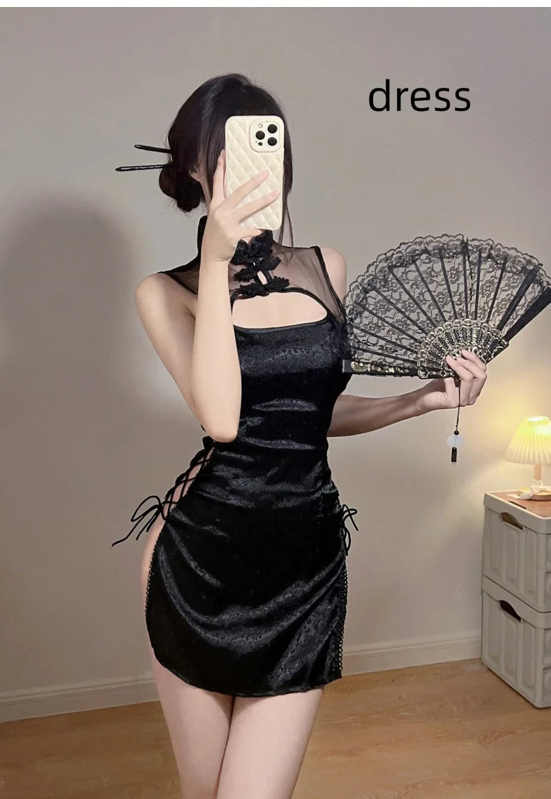 Off-shoulder Slit Cheongsam Retro Style Lingerie Uniform Temptation Perspective Slim Fit Side Opening Strap Passionate Set