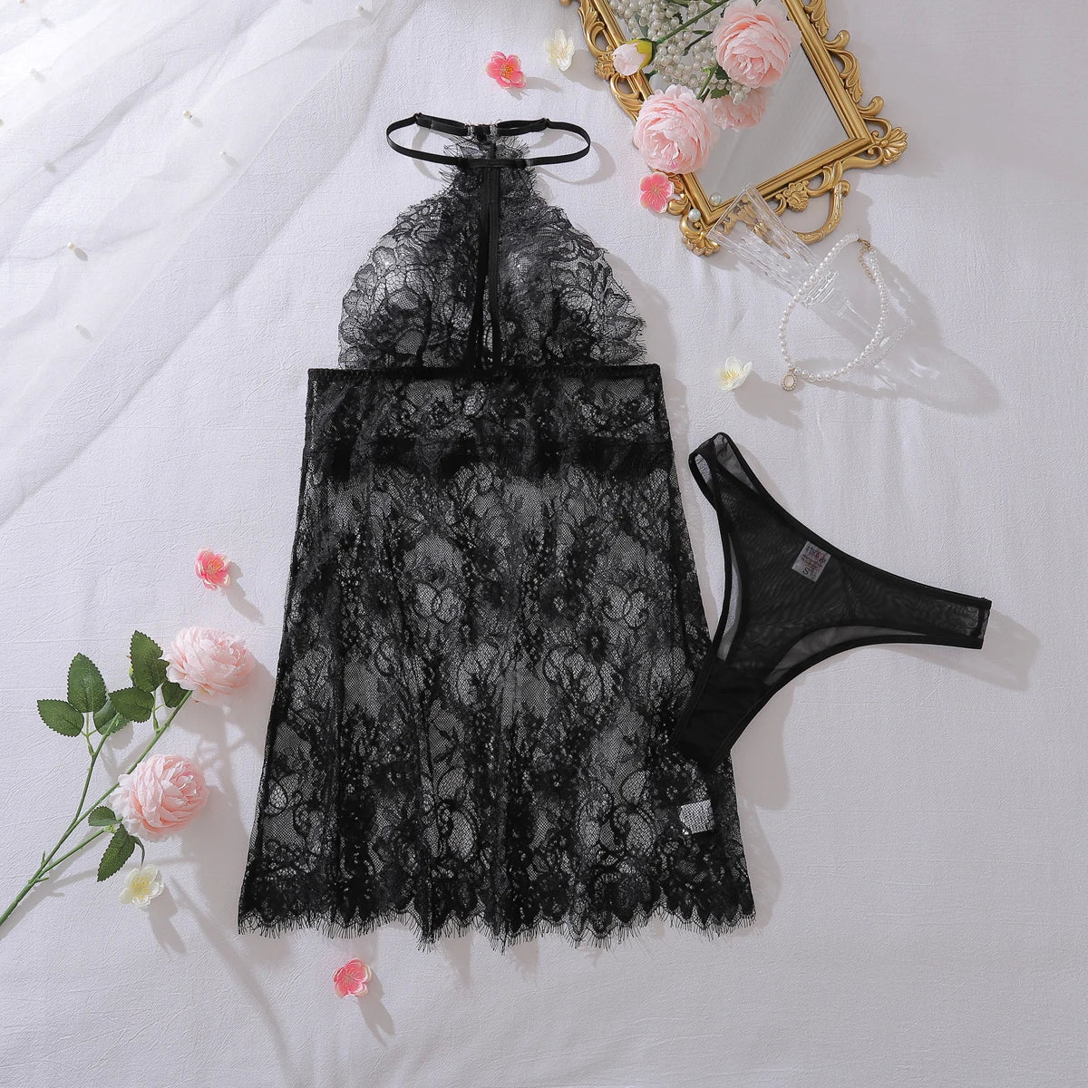 Perspective eyelash lace 2026 fashionable water droplet hollow lace shaping neck hanging nightgown set