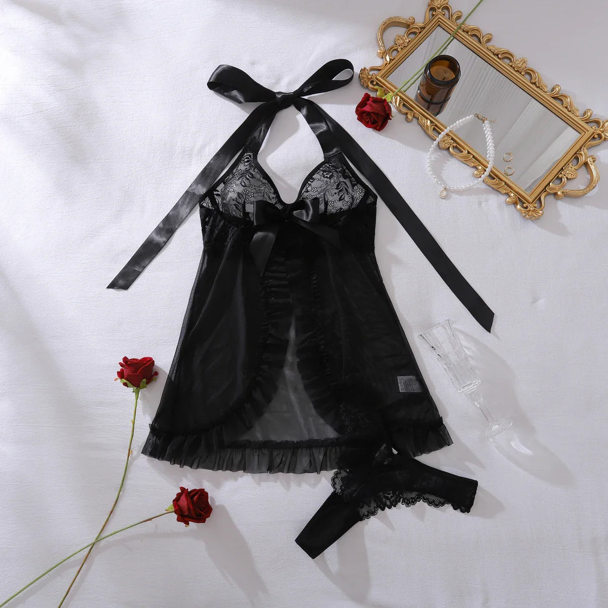 Perspective mesh bow decoration V-neck exposed navel hanging neck strap fungus edge nightgown set