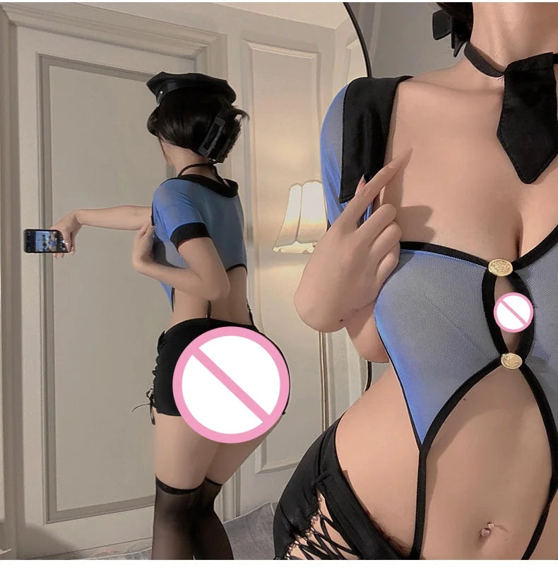 Provocative Uniform Police Officer See Through Mesh No Need To Take Off Imperial Style Camisole Jumpsuit Lingerie