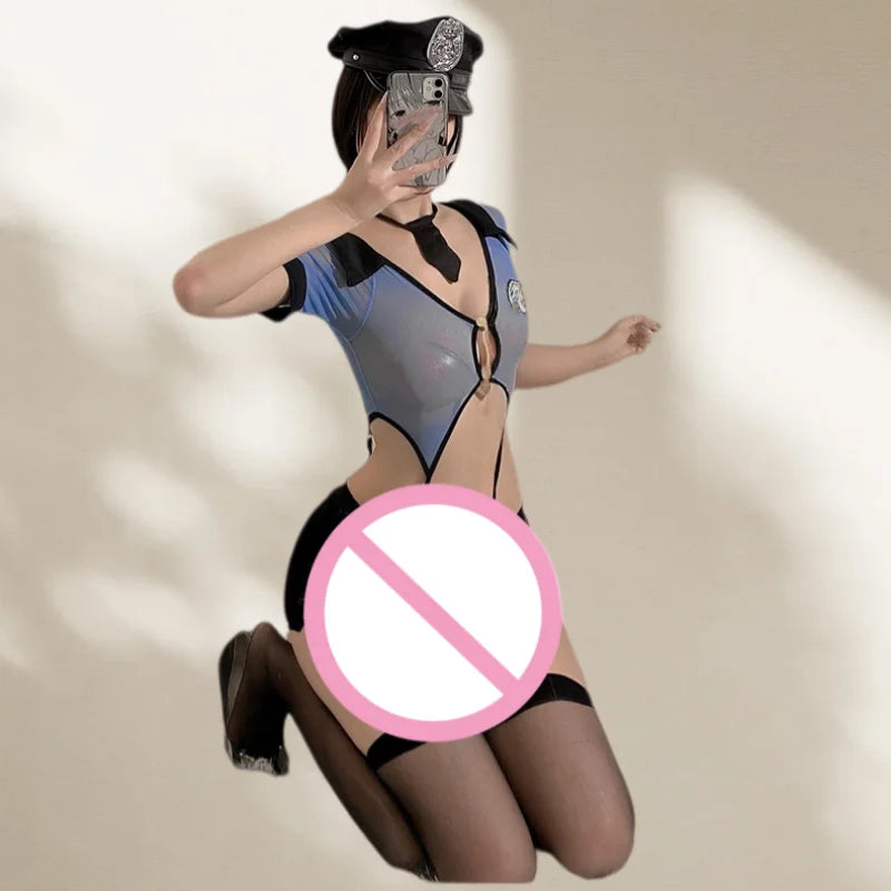Provocative Uniform Police Officer See Through Mesh No Need To Take Off Imperial Style Camisole Jumpsuit Lingerie