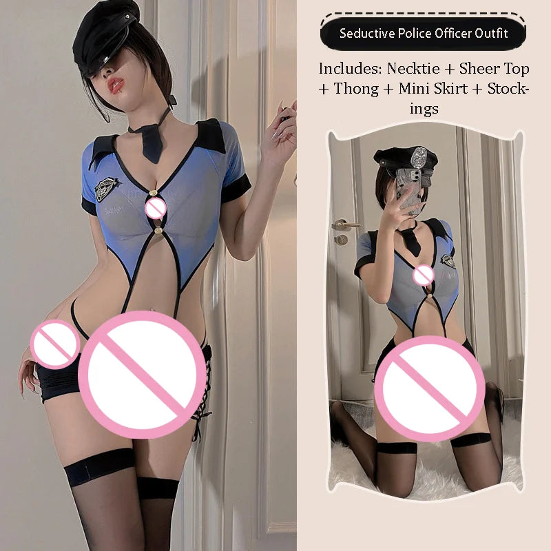 Provocative Uniform Police Officer See Through Mesh No Need To Take Off Imperial Style Camisole Jumpsuit Lingerie