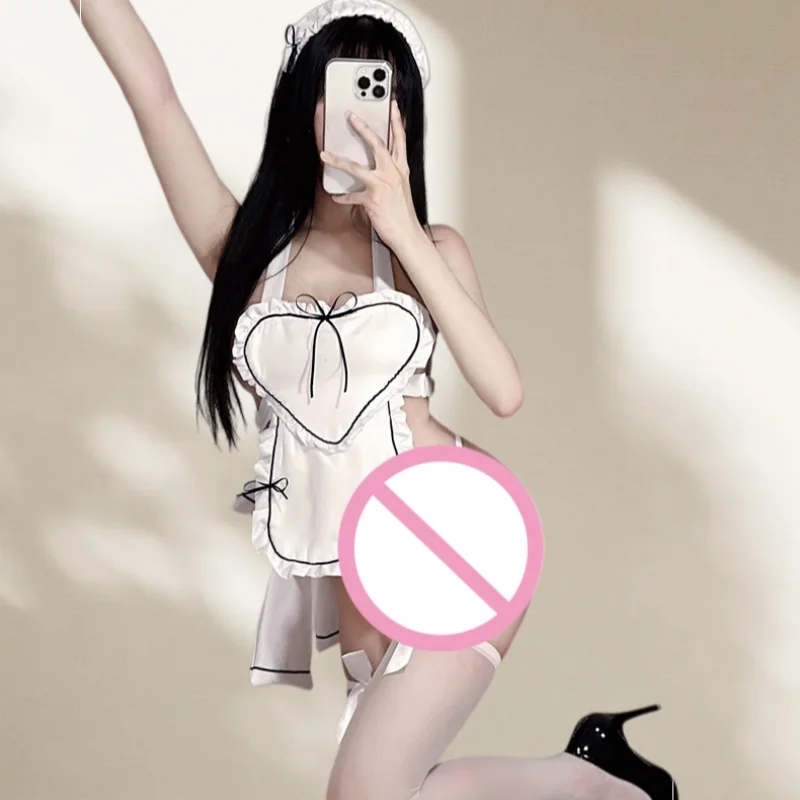 Pure Sweet Cute Backless Lingerie Bow High Waist Heart Maid Outfit Strap Apron Maid Outfit Passionate Uniform Set