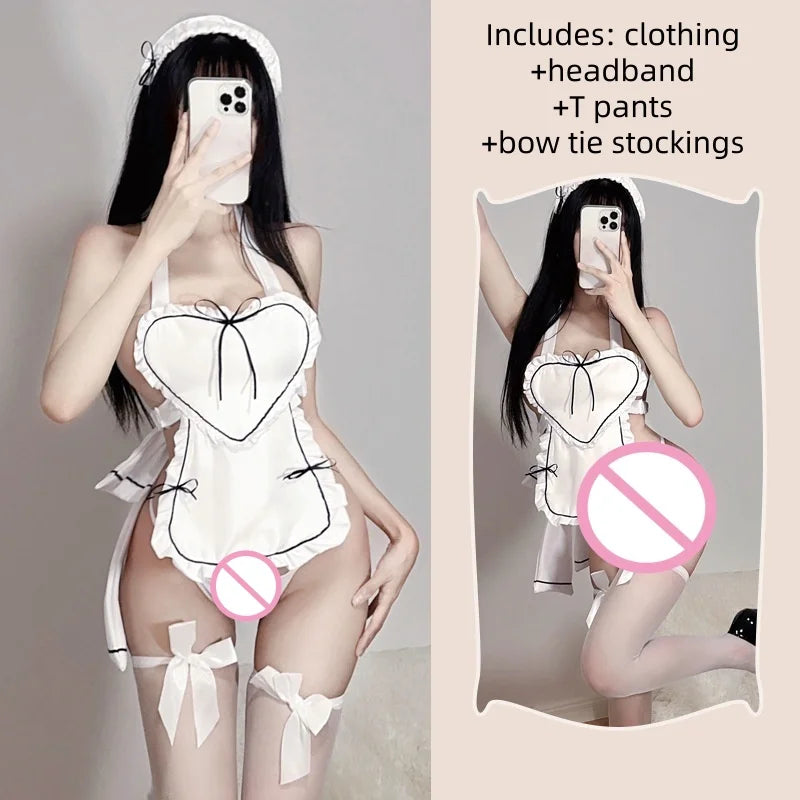 Pure Sweet Cute Backless Lingerie Bow High Waist Heart Maid Outfit Strap Apron Maid Outfit Passionate Uniform Set