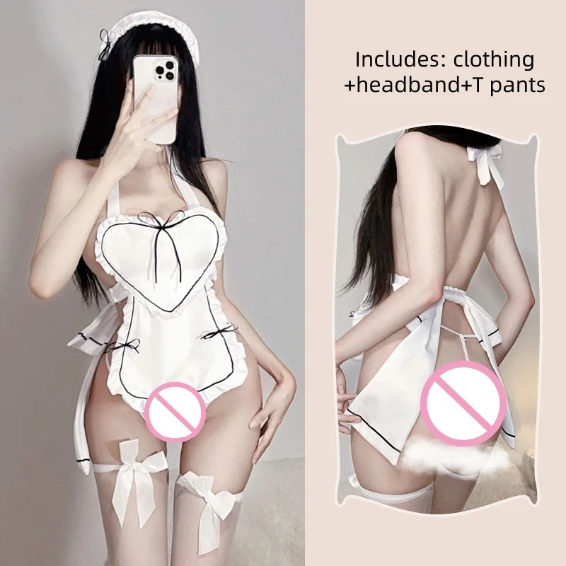 Pure Sweet Cute Backless Lingerie Bow High Waist Heart Maid Outfit Strap Apron Maid Outfit Passionate Uniform Set
