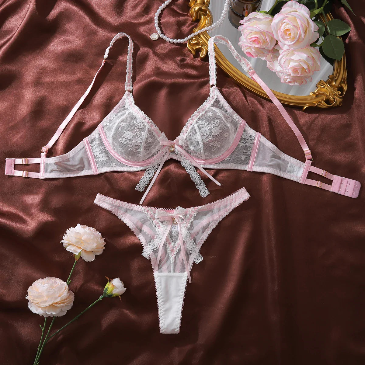 Pure color collision flower bud shoulder strap sweet and translucent lace shaping lingerie two-piece set