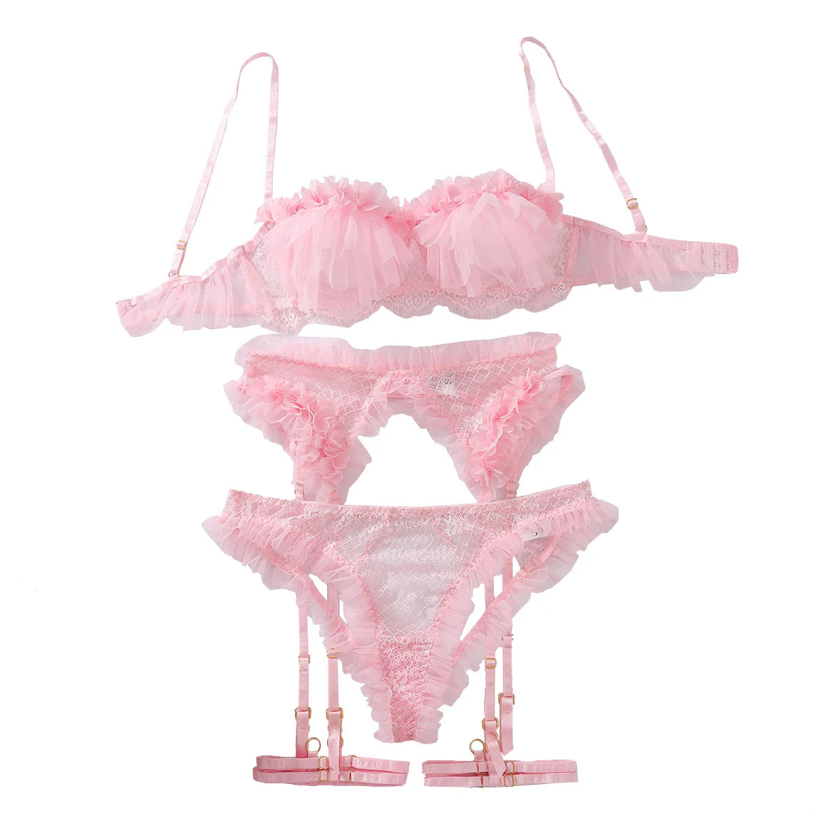 Pure desire hollowed out fungus edge grid mesh lace see through lingerie four piece set