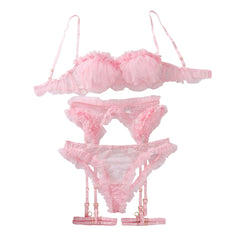 Pure desire hollowed out fungus edge grid mesh lace see through lingerie four piece set