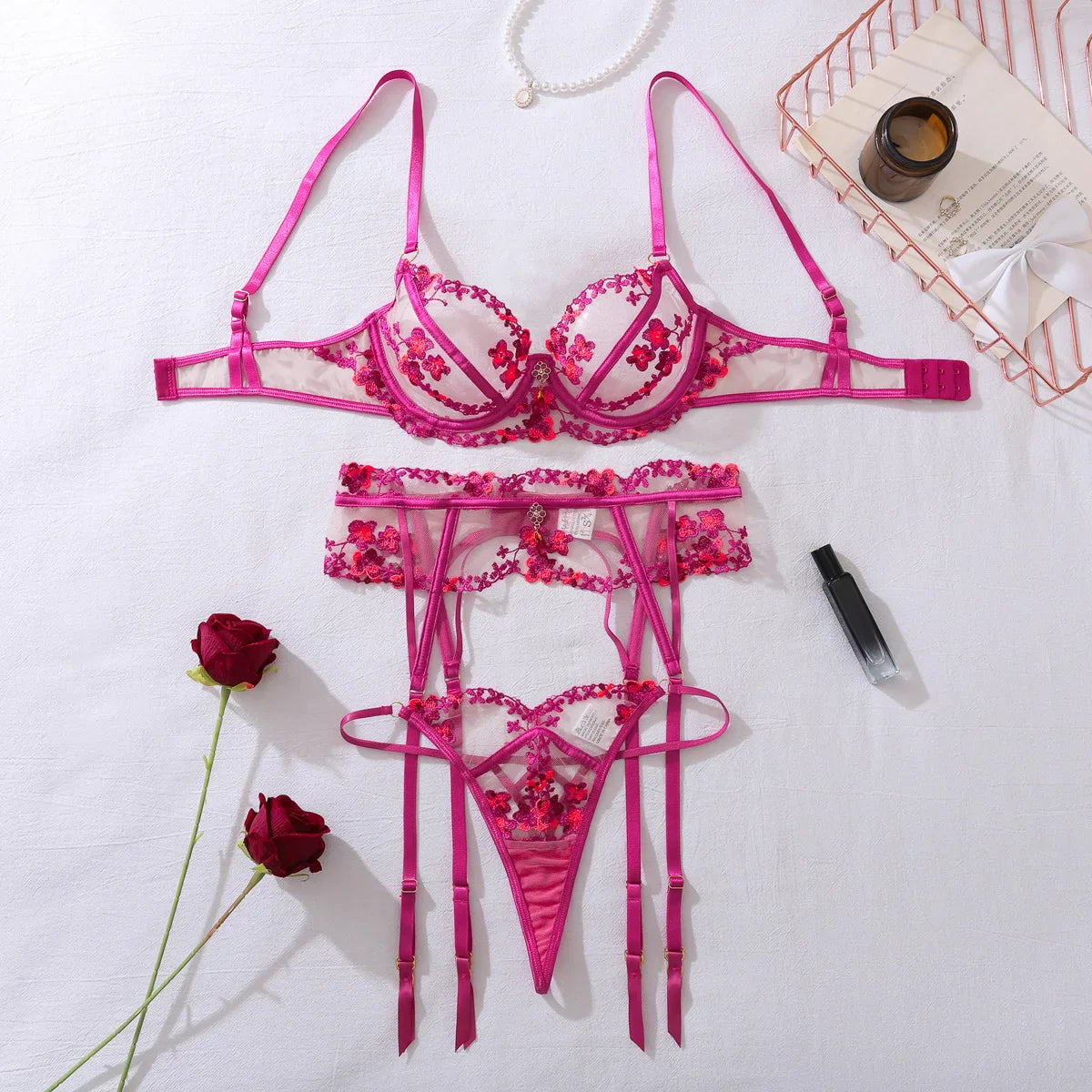 Pure desire to see through floral embroidery lace gathering shaping thin and lingerie split set