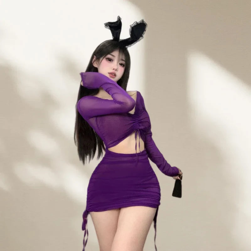 Purple Skirt Off-shoulder Bare Midriff See Through Mesh Lingerie with Drawstring Pleats Tight-fitting Dress Seductive Set