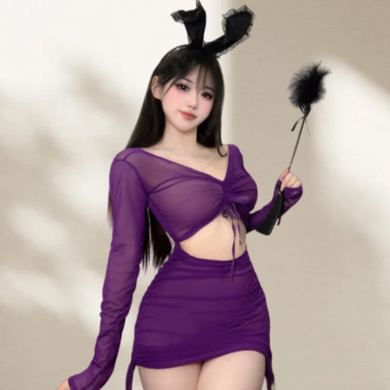 Purple Skirt Off-shoulder Bare Midriff See Through Mesh Lingerie with Drawstring Pleats Tight-fitting Dress Seductive Set