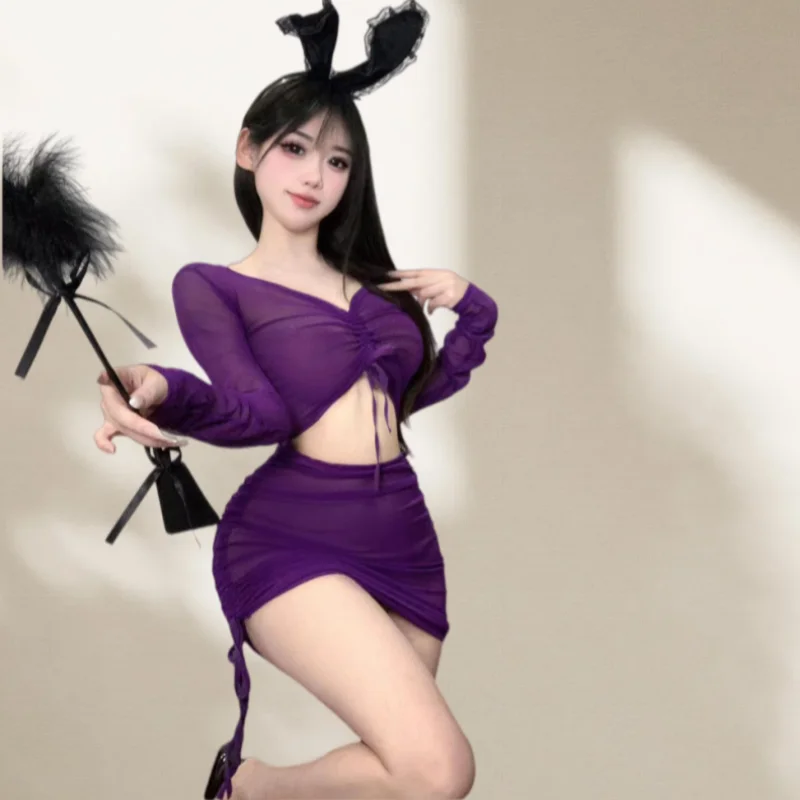 Purple Skirt Off-shoulder Bare Midriff See Through Mesh Lingerie with Drawstring Pleats Tight-fitting Dress Seductive Set