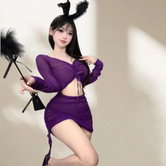 Purple Skirt Off-shoulder Bare Midriff See Through Mesh Lingerie with Drawstring Pleats Tight-fitting Dress Seductive Set
