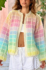 Palette Day Knit Color Blocks Open Front Balloon Sleeve Loose Cardigan