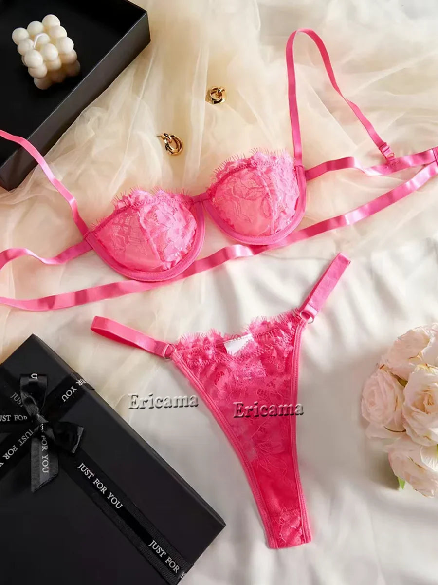 Red Floral Lace Lingerie Set With Choker Intimates 2022 Underwire Bra And Thongs Ladies