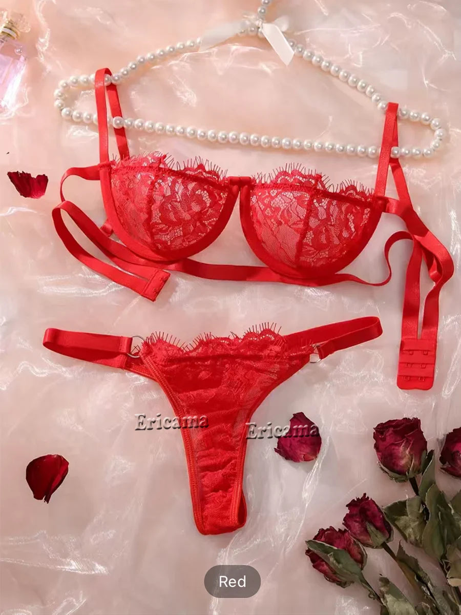 Red Floral Lace Lingerie Set With Choker Intimates 2022 Underwire Bra And Thongs Ladies