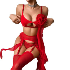 Red rose design with irregular ruffle edges, hollowed out shaping and lingerie four piece set