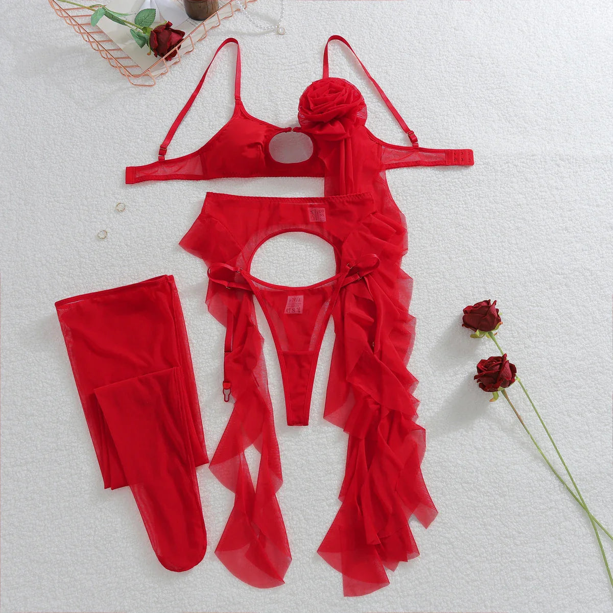Red rose design with irregular ruffle edges, hollowed out shaping and lingerie four piece set