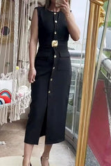Danina Button Up Sleeveless Metal Belted Pocket Stretch Midi Dress
