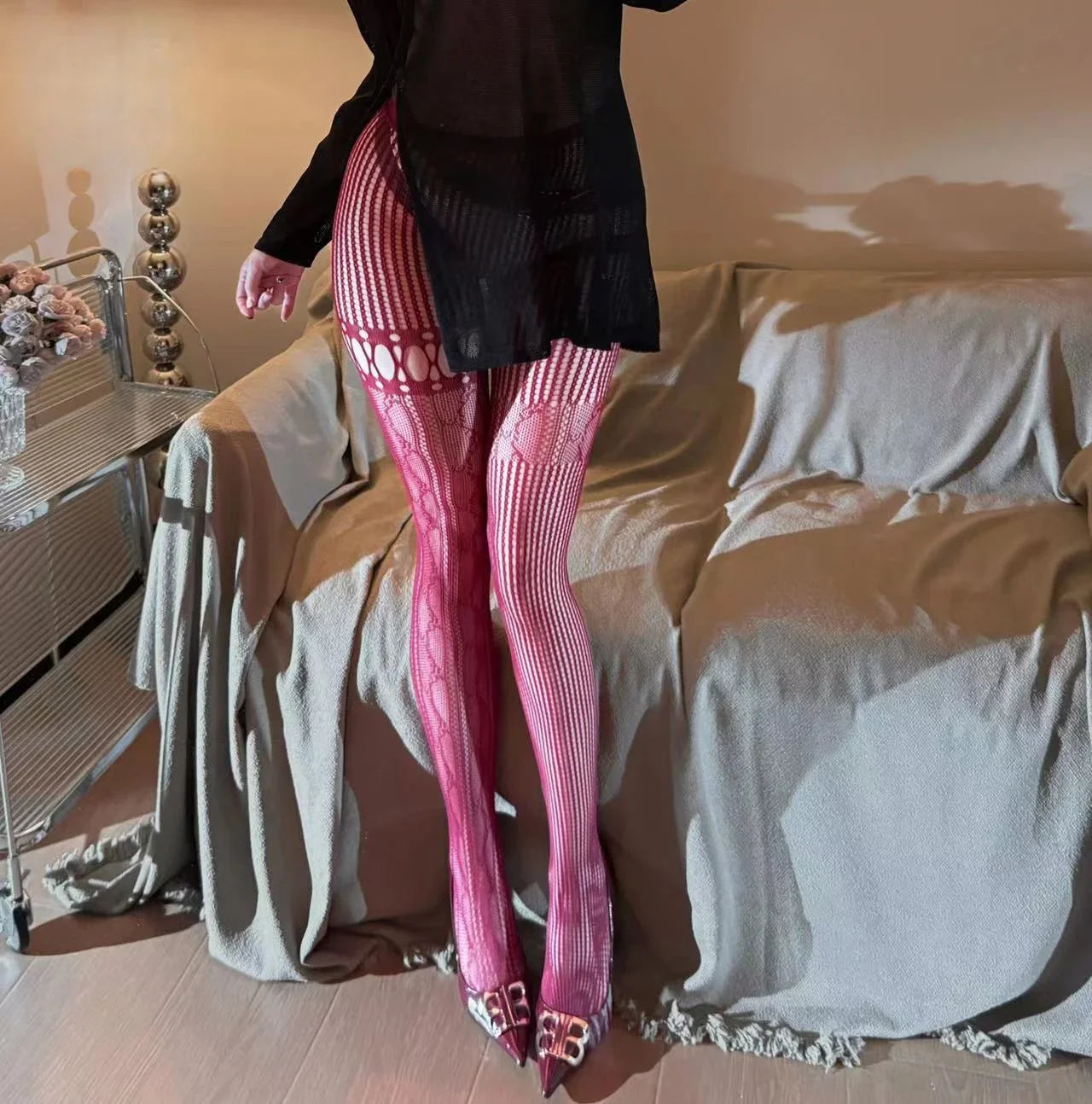 See-through Vintage AB-style Leg Vertical Pattern Spliced Fishnet Stockings Millennial Sweet Cool Girl Fishnet Stockings