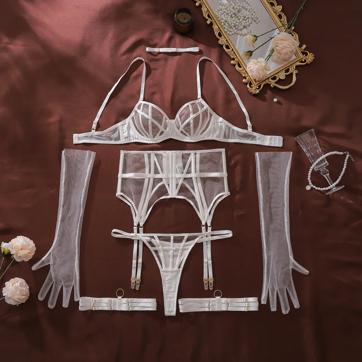 Bandage Complex Shoulder Strap Hollow Splicing Erotic Temptation Girl Underwear 6-piece Set