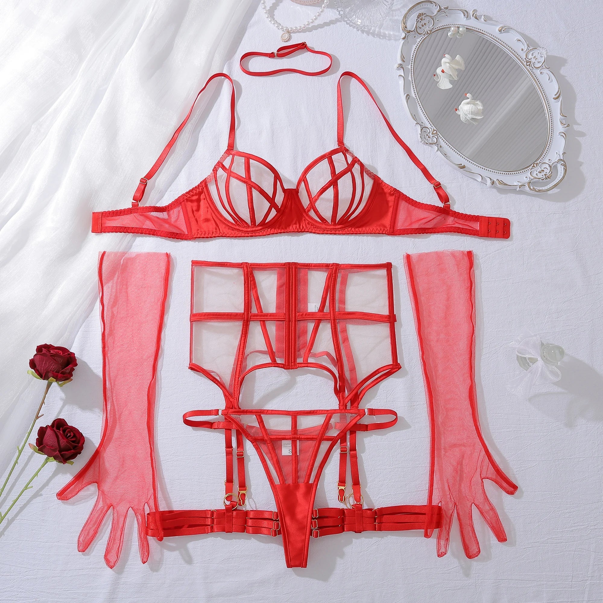 Bandage Complex Shoulder Strap Hollow Splicing Erotic Temptation Girl Underwear 6-piece Set