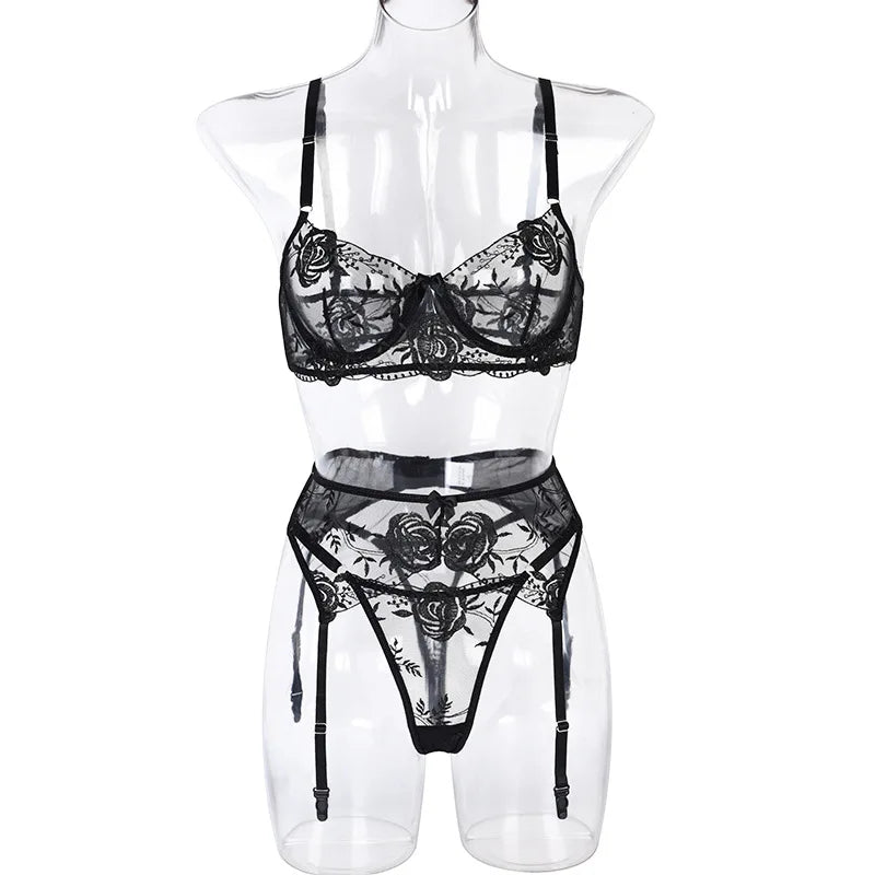 Bra Set Transparent Lace Bra Set Sheer Temptation Exotic Lingerie Set Flroal Black Bra