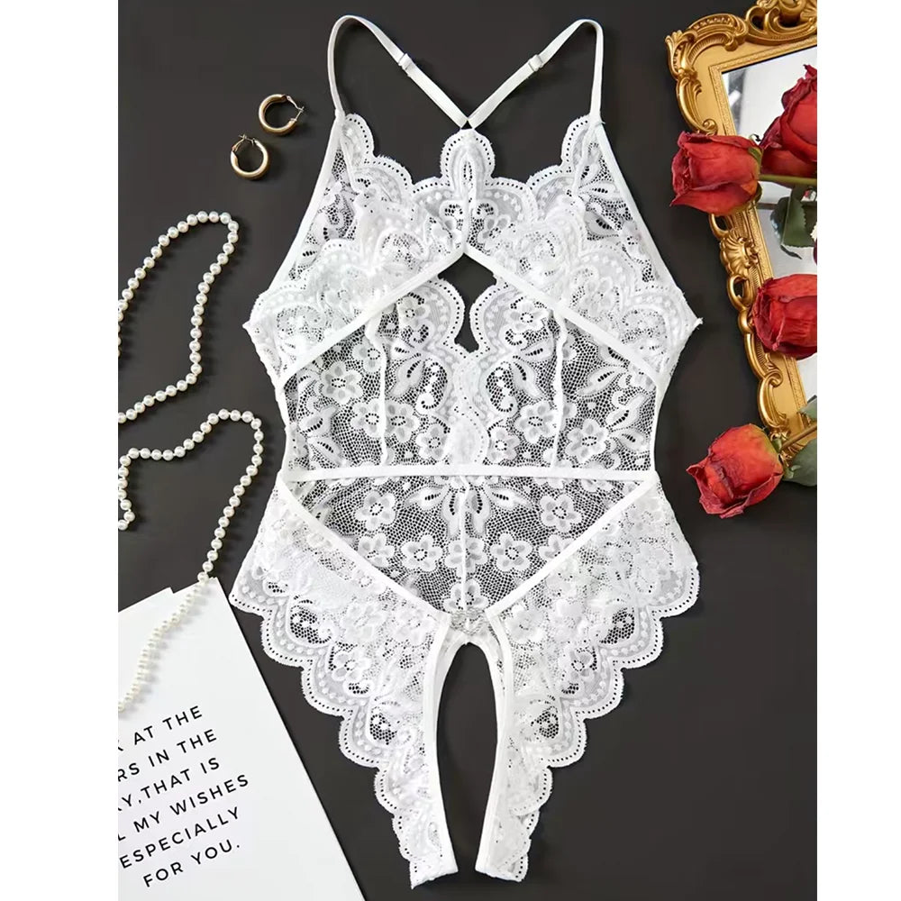 Floral Lace Strappy Rompers Transparent Erotic Tight Combination Catsuits Club Backlesss Lingerie Set