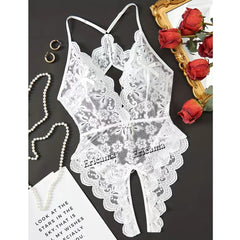 Floral Lace Strappy Rompers Transparent Erotic Tight Combination Catsuits Club Backlesss Lingerie Set