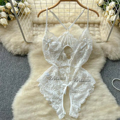 Floral Lace Strappy Rompers Transparent Erotic Tight Combination Catsuits Club Backlesss Lingerie Set
