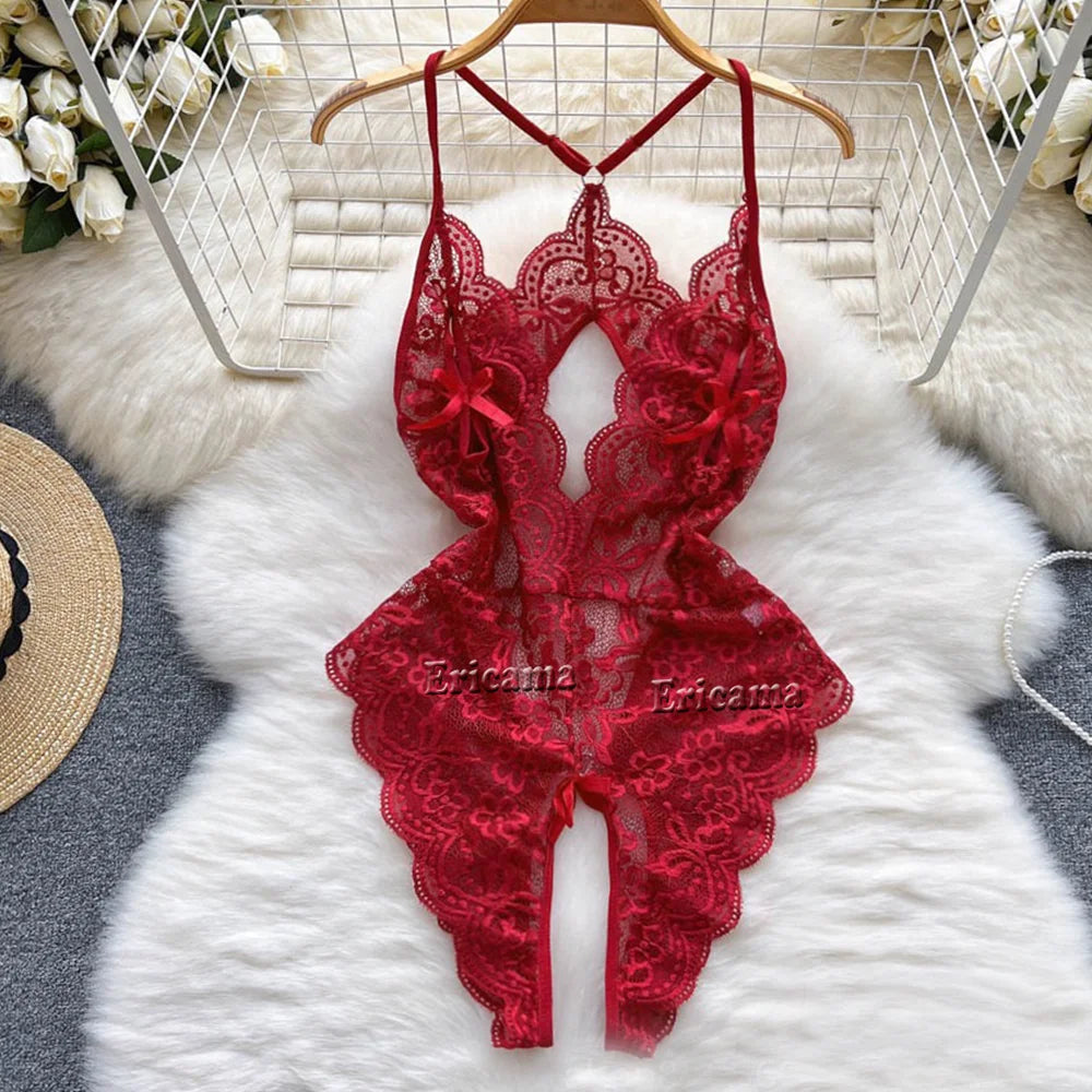 Floral Lace Strappy Rompers Transparent Erotic Tight Combination Catsuits Club Backlesss Lingerie Set