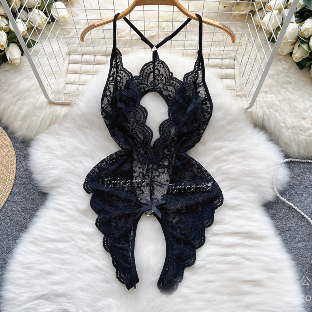 Floral Lace Strappy Rompers Transparent Erotic Tight Combination Catsuits Club Backlesss Lingerie Set