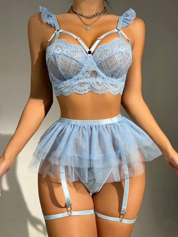 Lingerie Lace Eroticу Set 3 Pieces Transparent Underwear Embroidery Erotic Beautiful Bra And Panty Sets