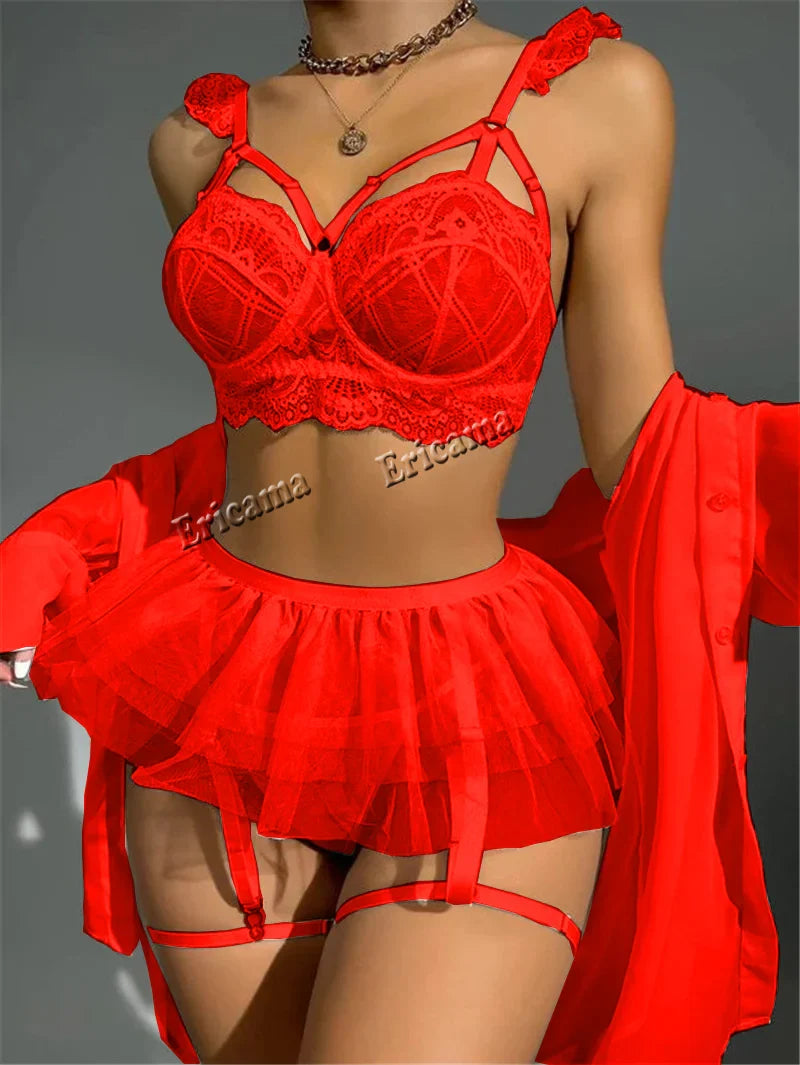 Lingerie Lace Eroticу Set 3 Pieces Transparent Underwear Embroidery Erotic Beautiful Bra And Panty Sets