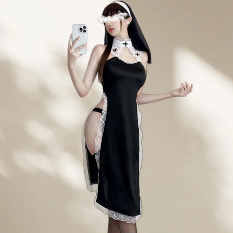 Lingerie High Waist Lace Role-playing Hollowed Out Uniform Home Decor No Need To Take Off Slit Tempting Crisscross Straps