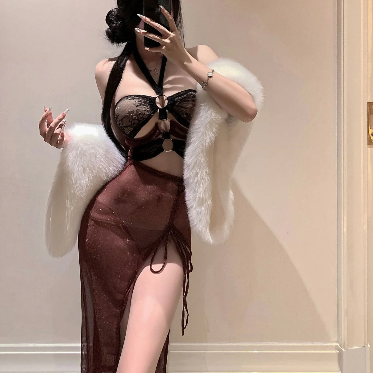 Lingerie Seductive Perspective Backless Sleeveless Exotic Style Ancient Style Lingerie Hanging Neck Mesh Dress